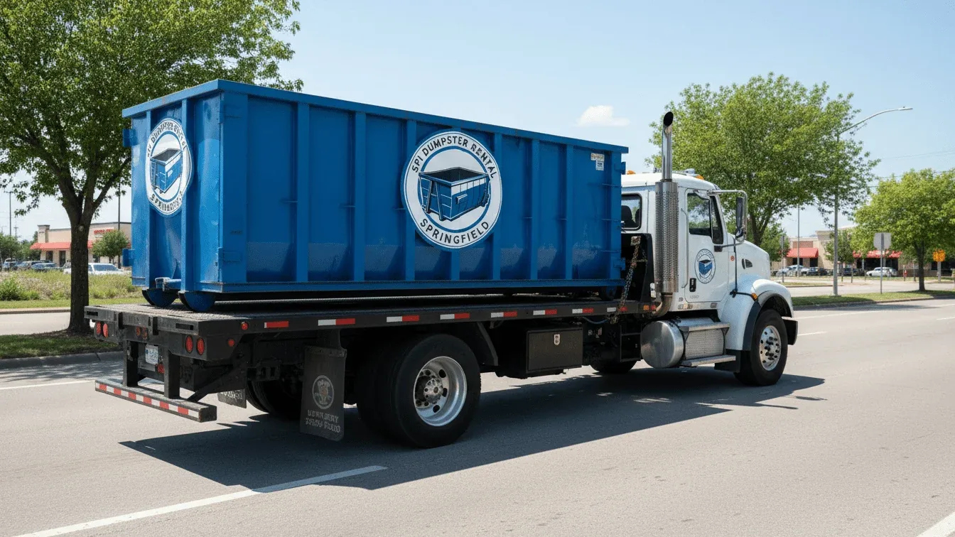 SPI Dumpster Rental Springfield roll-off truck delivering a container in Springfield, IL