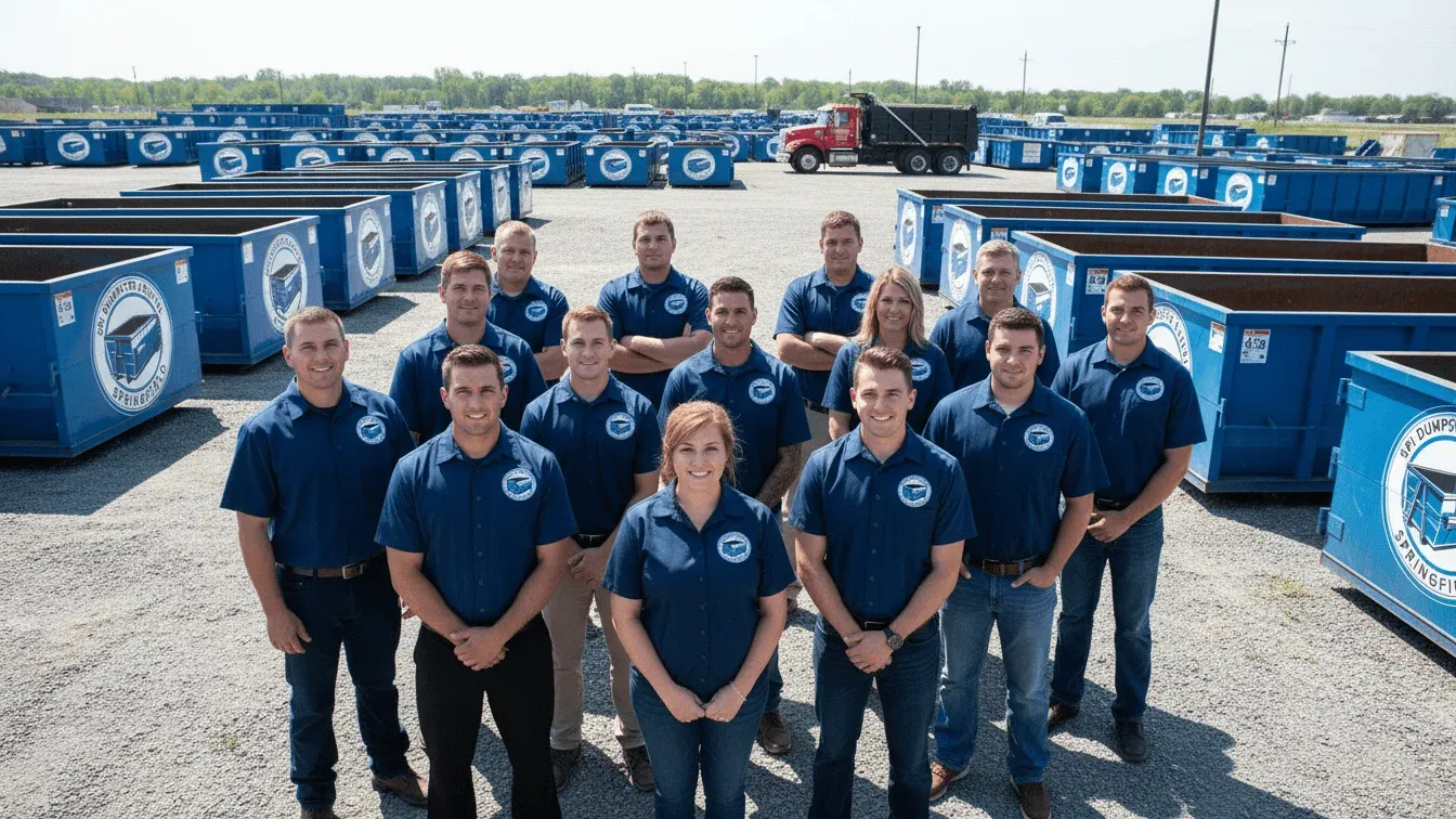 The SPI Dumpster Rental Springfield crew with a roll-off truck and container in Springfield, IL